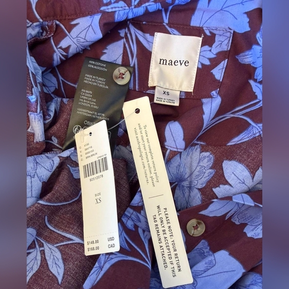 Anthropologie Maeve The Bettina Tiered Shirt Dress Maroon Blue Floral 100%Cotton - Picture 6 of 6